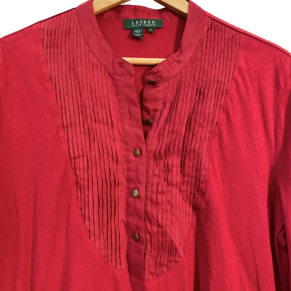 LRL Ralph Lauren Solid Red Pleated Bodice Cotton Knit Shirt Womens XL - Picture 2 of 4